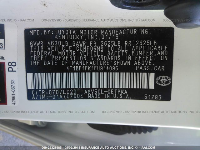 4T1BF1FK1FU914096 - 2015 TOYOTA CAMRY LE/XLE/SE/XSE WHITE photo 9