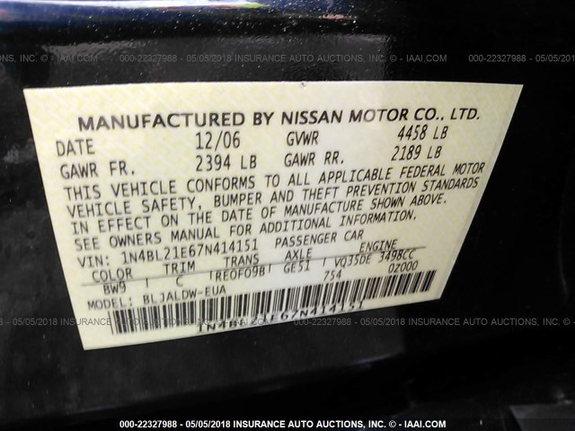 1N4BL21E67N414151 - 2007 NISSAN ALTIMA 3.5SE/3.5SL BLUE photo 9