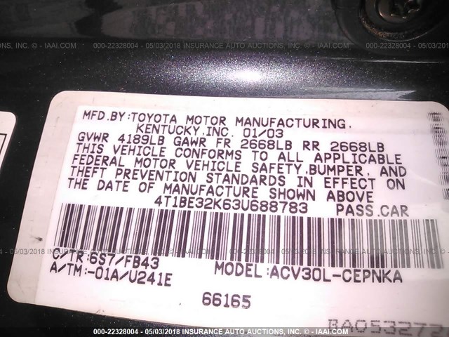 4T1BE32K63U688783 - 2003 TOYOTA CAMRY LE/XLE/SE მწვანე ფოტო 9