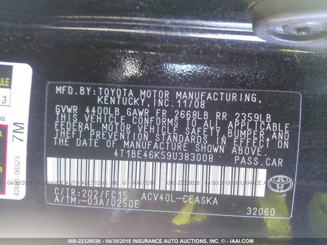 4T1BE46K59U383008 - 2009 TOYOTA CAMRY SE/LE/XLE BLACK photo 9