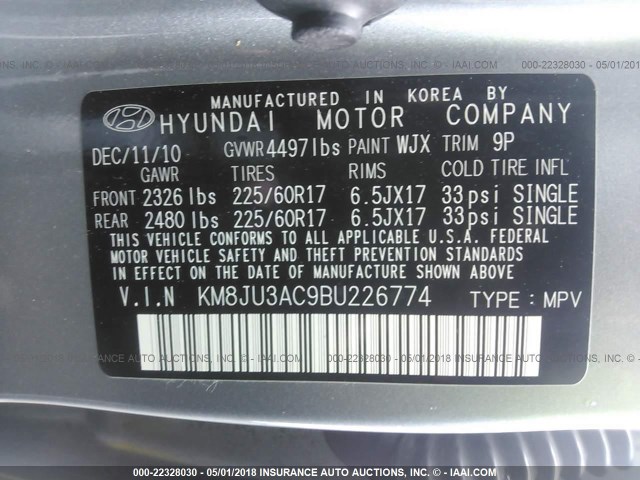 KM8JU3AC9BU226774 - 2011 HYUNDAI TUCSON GLS/LIMITED SILVER photo 9