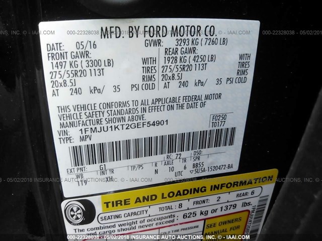 1FMJU1KT2GEF54901 - 2016 FORD EXPEDITION LIMITED BLACK photo 9