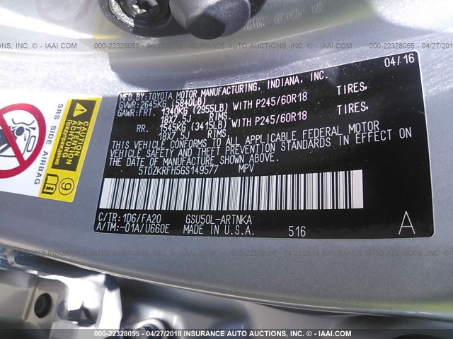 5TDZKRFH5GS149577 - 2016 TOYOTA HIGHLANDER LE/LE PLUS SILVER photo 9