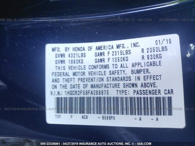 1HGCR2F58FA098975 - 2015 HONDA ACCORD SPORT ლურჯი ფოტო 9