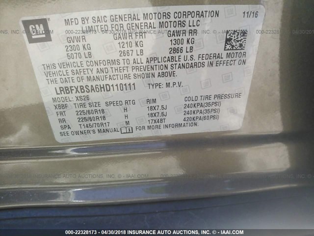 LRBFXBSA6HD110111 - 2017 BUICK ENVISION ESSENCE Շագանակագույն լուսանկար 9