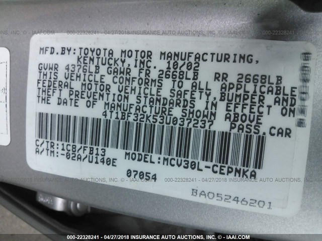 4T1BF32K53U037237 - 2003 TOYOTA CAMRY LE/XLE/SE SILVER photo 9