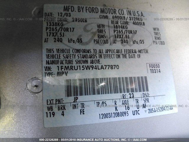 1FMRU15W94LA77870 - 2004 FORD EXPEDITION XLT 银色 照片 9