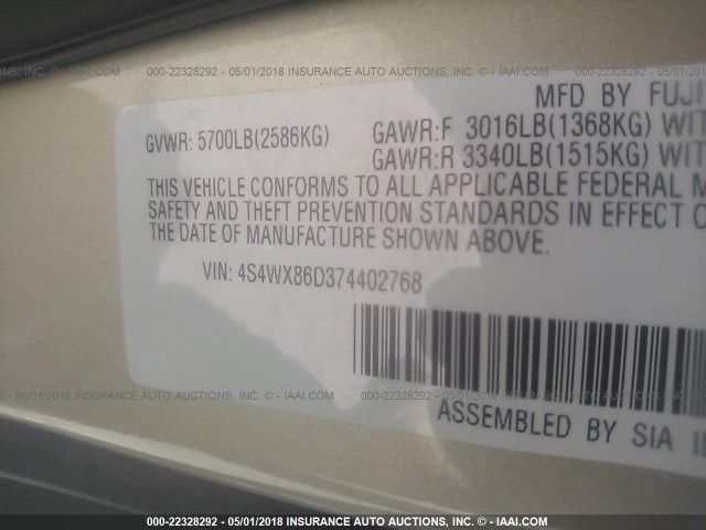 4S4WX86D374402768 - 2007 SUBARU B9 TRIBECA 3.0 H6/3.0 H6 LIMITED GOLD photo 9