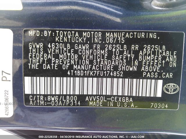 4T1BD1FK7FU174852 - 2015 TOYOTA CAMRY HYBRID/LE/XLE/SE BLUE photo 9