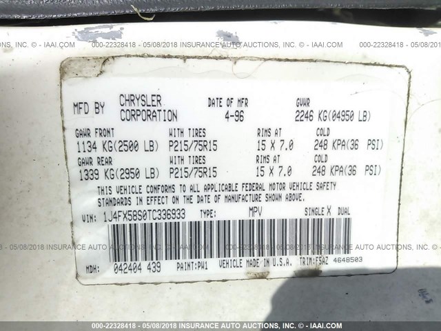 1J4FX58S0TC336933 - 1996 JEEP GRAND CHEROKEE LAREDO WHITE photo 9