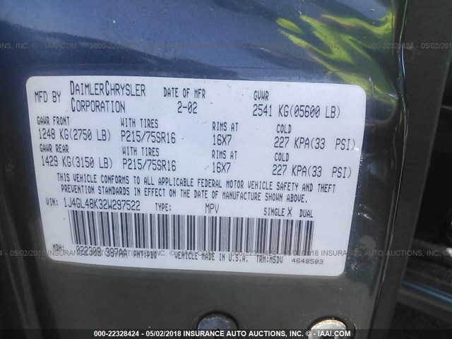 1J4GL48K32W297522 - 2002 JEEP LIBERTY SPORT 蓝色 照片 9