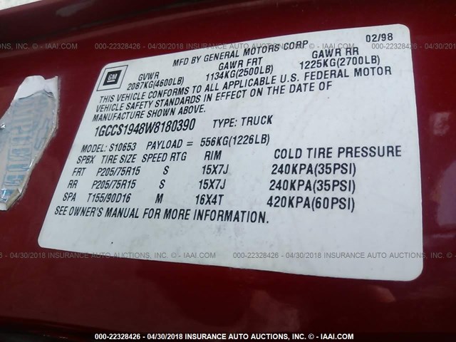 1GCCS1948W8180390 - 1998 CHEVROLET S TRUCK S10 RED photo 9
