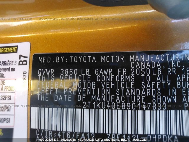 2T1KU40E89C147833 - 2009 TOYOTA COROLLA MATRIX  ORANGE photo 9