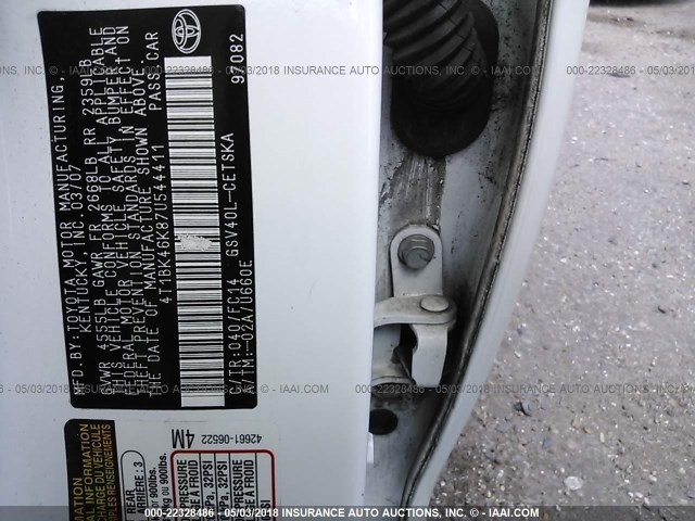 4T1BK46K87U544411 - 2007 TOYOTA CAMRY NEW GENERAT LE/XLE/SE WHITE photo 9