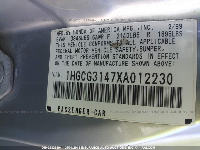 1HGCG3147XA012230 - 1999 HONDA ACCORD LX SILVER photo 9