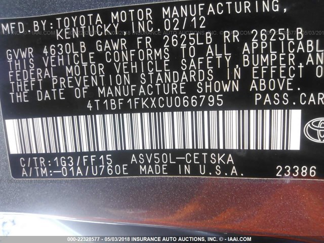 4T1BF1FKXCU066795 - 2012 TOYOTA CAMRY SE/LE/XLE ნაცრისფერი ფოტო 9