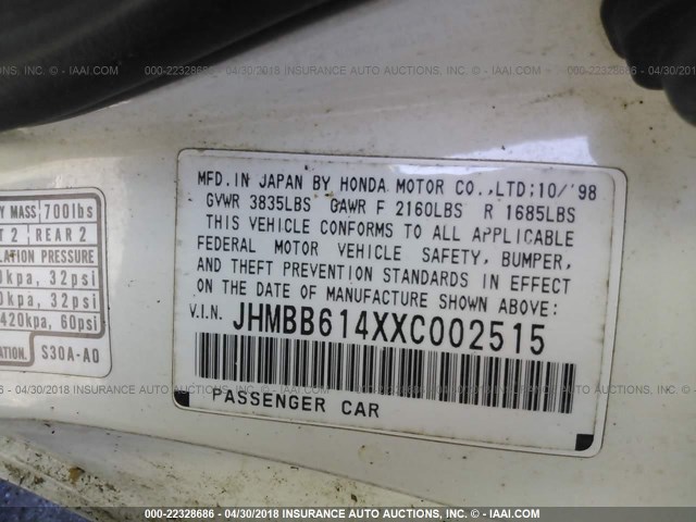 JHMBB614XXC002515 - 1999 HONDA PRELUDE WHITE photo 9