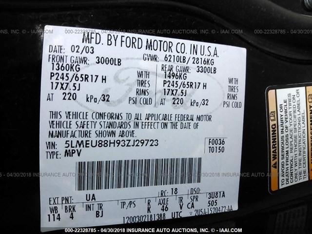 5LMEU88H93ZJ29723 - 2003 LINCOLN AVIATOR 黑色 照片 9