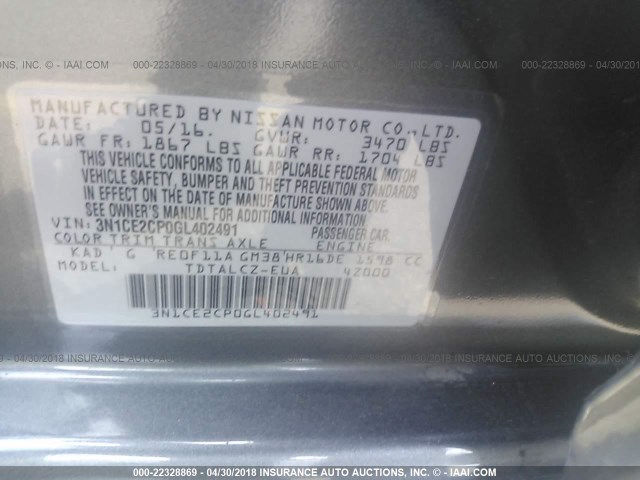 3N1CE2CP0GL402491 - 2016 NISSAN VERSA NOTE S/S PLUS/SV/SL/SR GRAY photo 9