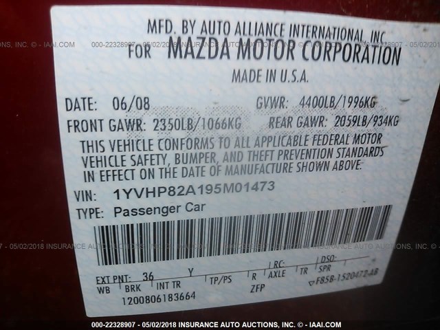 1YVHP82A195M01473 - 2009 MAZDA 6 I წითელი ფოტო 9