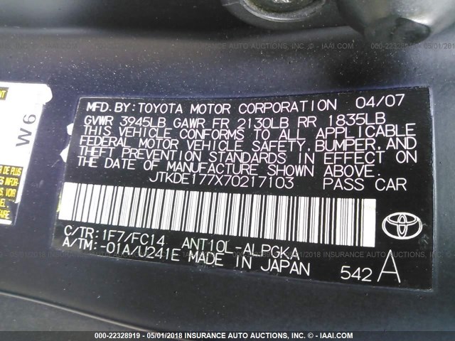 JTKDE177X70217103 - 2007 TOYOTA SCION TC BLACK photo 9