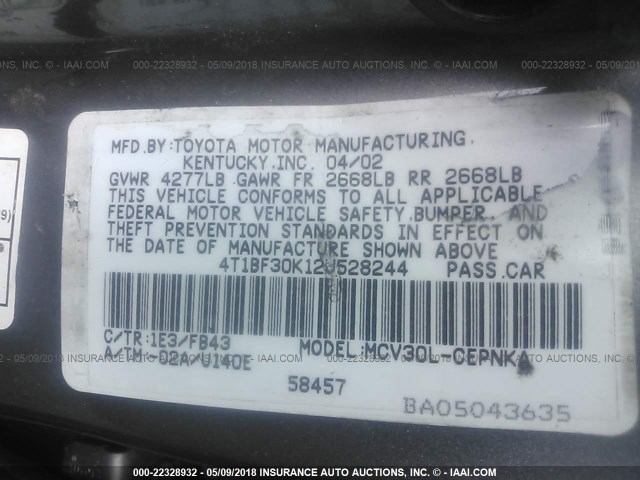 4T1BF30K12U528244 - 2002 TOYOTA CAMRY LE/XLE/SE ნაცრისფერი ფოტო 9