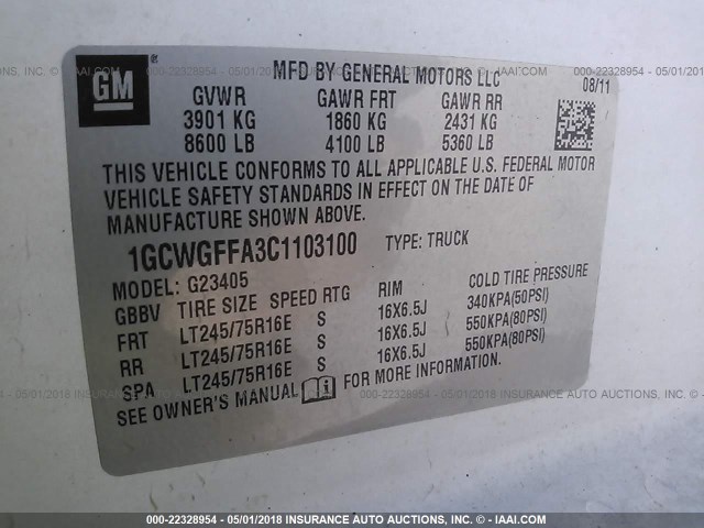 1GCWGFFA3C1103100 - 2012 CHEVROLET EXPRESS G2500  WHITE photo 9