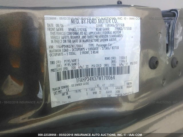 1FAHP34N37W170064 - 2007 FORD FOCUS ZX4/S/SE/SES 灰色 照片 9