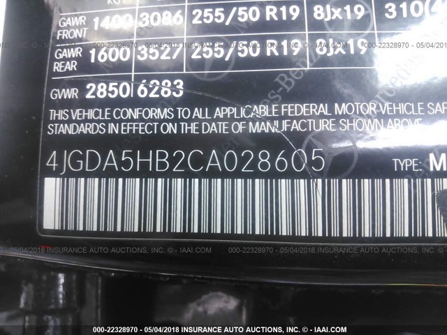 4JGDA5HB2CA028605 - 2012 MERCEDES-BENZ ML 350 4MATIC BLACK photo 9