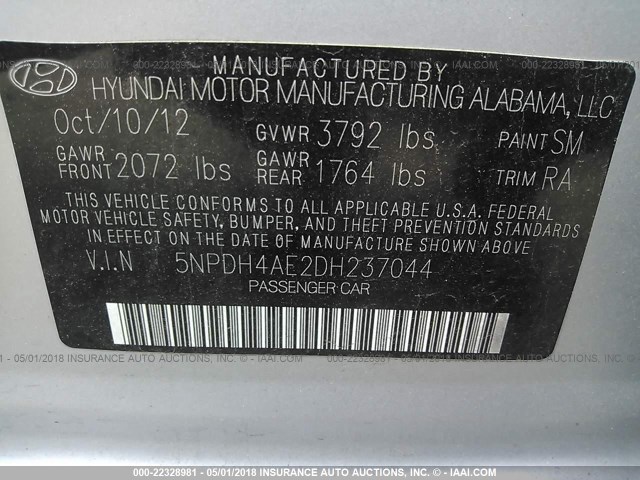 5NPDH4AE2DH237044 - 2013 HYUNDAI ELANTRA GLS/LIMITED SILVER photo 9