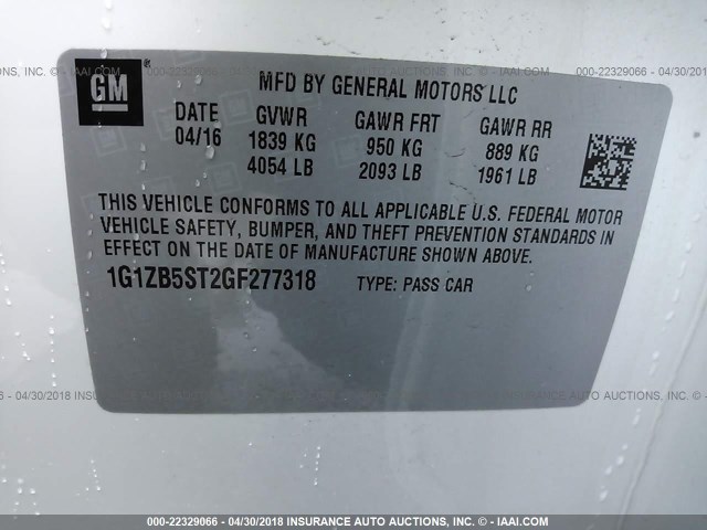 1G1ZB5ST2GF277318 - 2016 CHEVROLET MALIBU LS 白色 照片 9