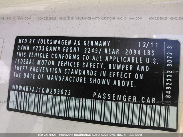 WVWAB7AJ1CW209022 - 2012 VOLKSWAGEN GOLF 白色 照片 9
