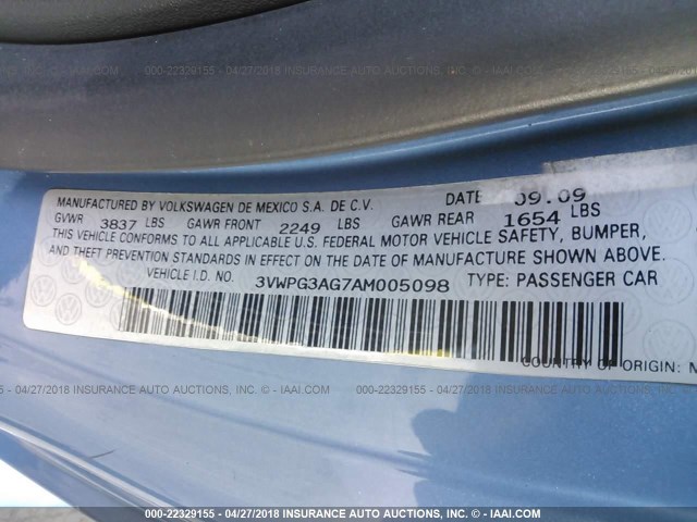 3VWPG3AG7AM005098 - 2010 VOLKSWAGEN NEW BEETLE 蓝色 照片 9