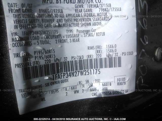 1FAFP34N27W251175 - 2007 FORD FOCUS ZX4/S/SE/SES GRAY photo 9