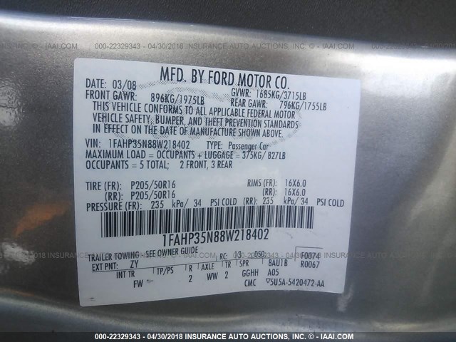 1FAHP35N88W218402 - 2008 FORD FOCUS SE/SEL/SES GRAY photo 9