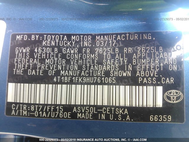 4T1BF1FK9HU761065 - 2017 TOYOTA CAMRY LE/XLE/SE/XSE BLUE photo 9