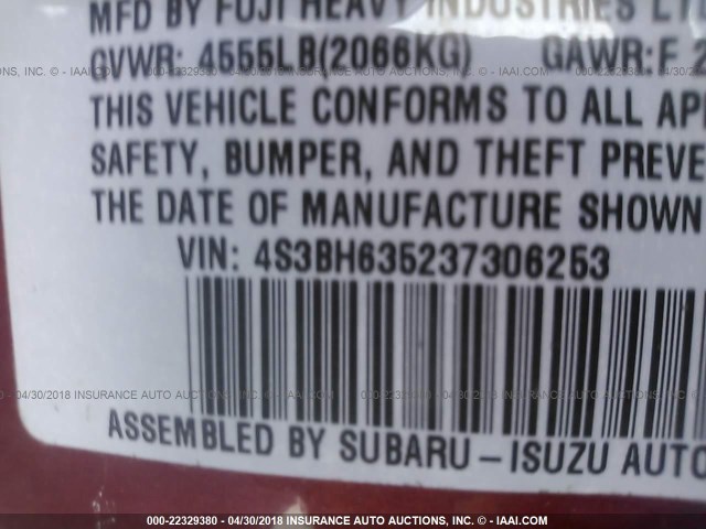 4S3BH635237306253 - 2003 SUBARU LEGACY L/L SPECIAL BURGUNDY photo 9