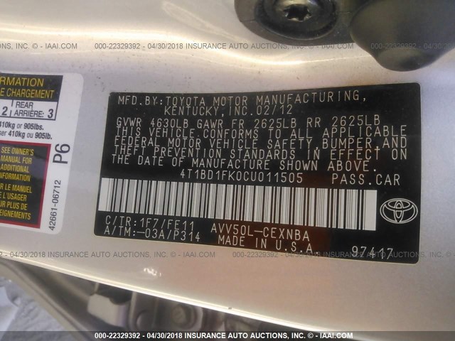 4T1BD1FK0CU011505 - 2012 TOYOTA CAMRY HYBRID/LE/XLE 银色 照片 9