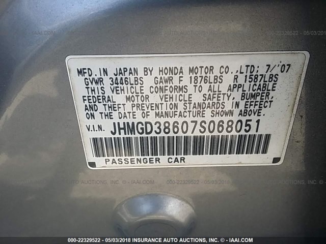 JHMGD38607S068051 - 2007 HONDA FIT S SILVER photo 9