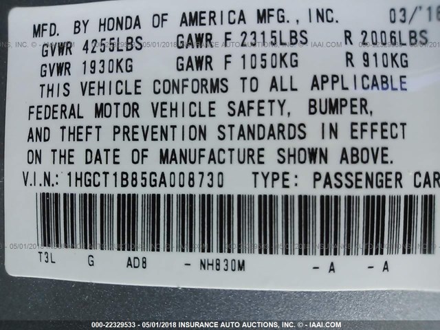 1HGCT1B85GA008730 - 2016 HONDA ACCORD EXL SILVER photo 9