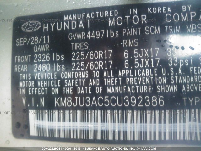 KM8JU3AC5CU392386 - 2012 HYUNDAI TUCSON GLS/LIMITED GREEN photo 9