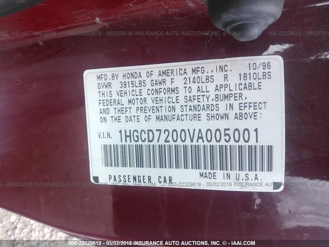 1HGCD7200VA005001 - 1997 HONDA ACCORD SE RED photo 9