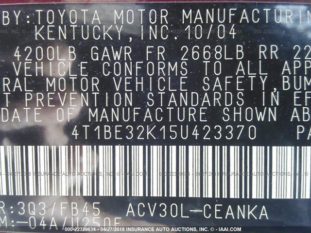4T1BE32K15U423370 - 2005 TOYOTA CAMRY LE/XLE/SE 勃艮第红 照片 9