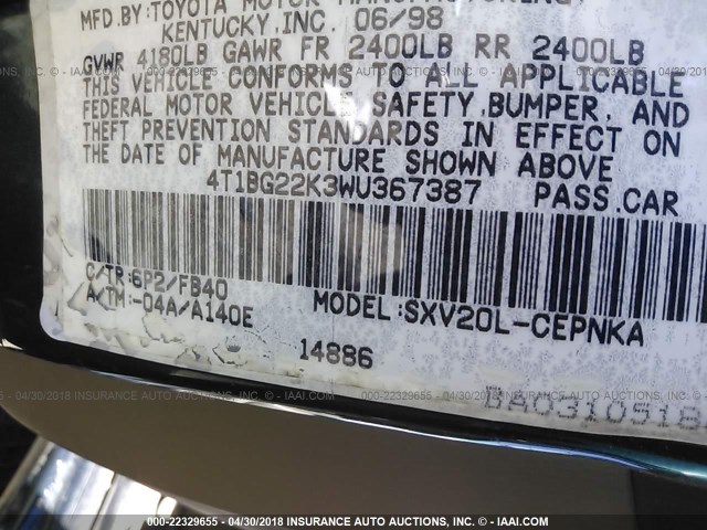 4T1BG22K3WU367387 - 1998 TOYOTA CAMRY CE/LE/XLE 绿色 照片 9