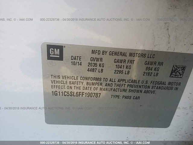 1G11C5SL6FF190787 - 2015 CHEVROLET MALIBU 1LT 白色 照片 9