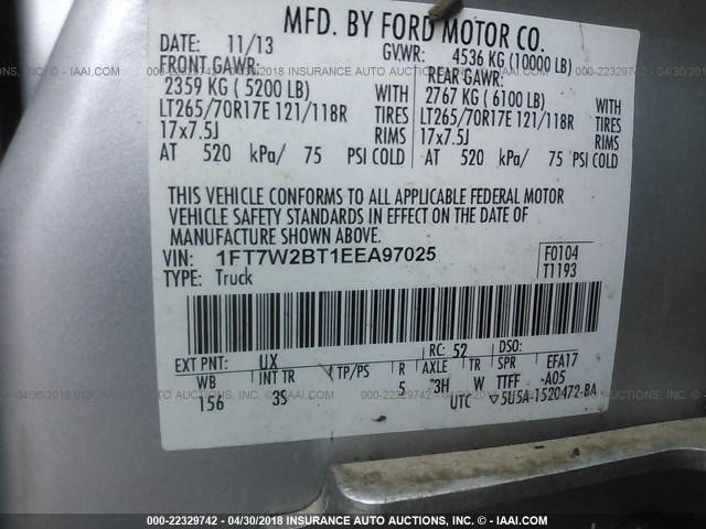 1FT7W2BT1EEA97025 - 2014 FORD F250 SUPER DUTY SILVER photo 9