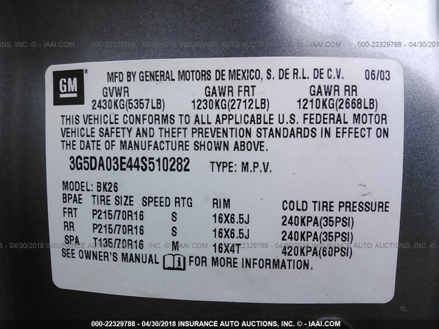 3G5DA03E44S510282 - 2004 BUICK RENDEZVOUS CX/CXL 灰色 照片 9