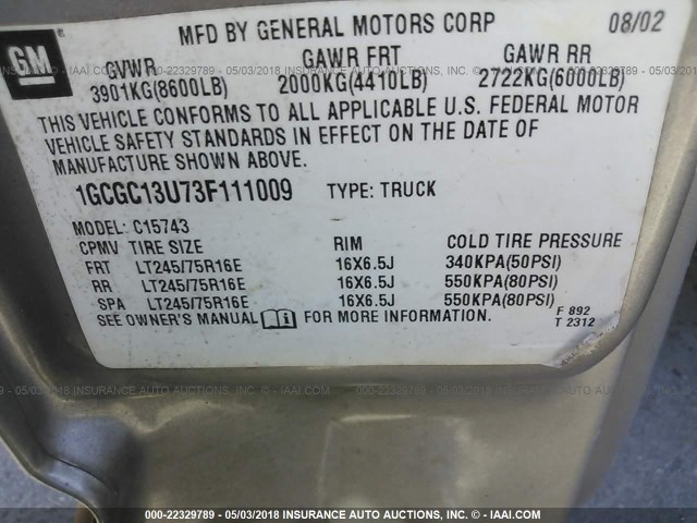 1GCGC13U73F111009 - 2003 CHEVROLET SILVERADO C1500 HEAVY DUTY GRAY photo 9