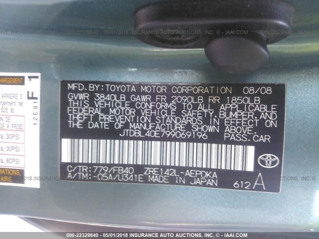 JTDBL40E799069196 - 2009 TOYOTA COROLLA LE/XLE GREEN photo 9