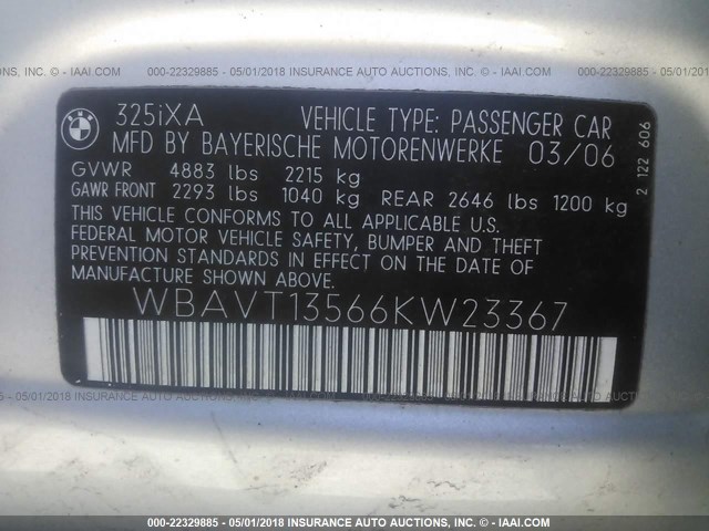 WBAVT13566KW23367 - 2006 BMW 325 XIT SILVER photo 9
